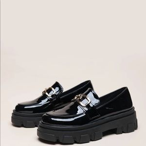 Chain decor chunky black heeled loafers (size 9.5)